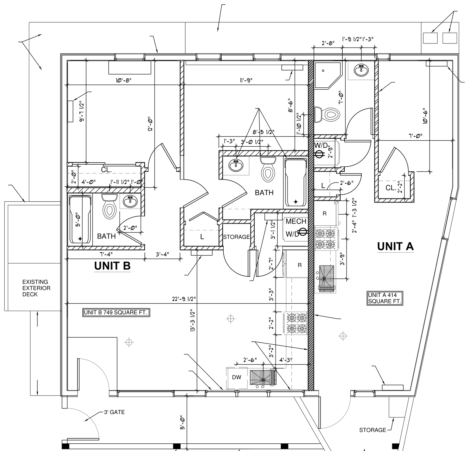 Architect's floor plan showing Unit A and Unit B side by side. Unit A is marked 414 square feet, with a bath, closet, and stacked washer dryer.