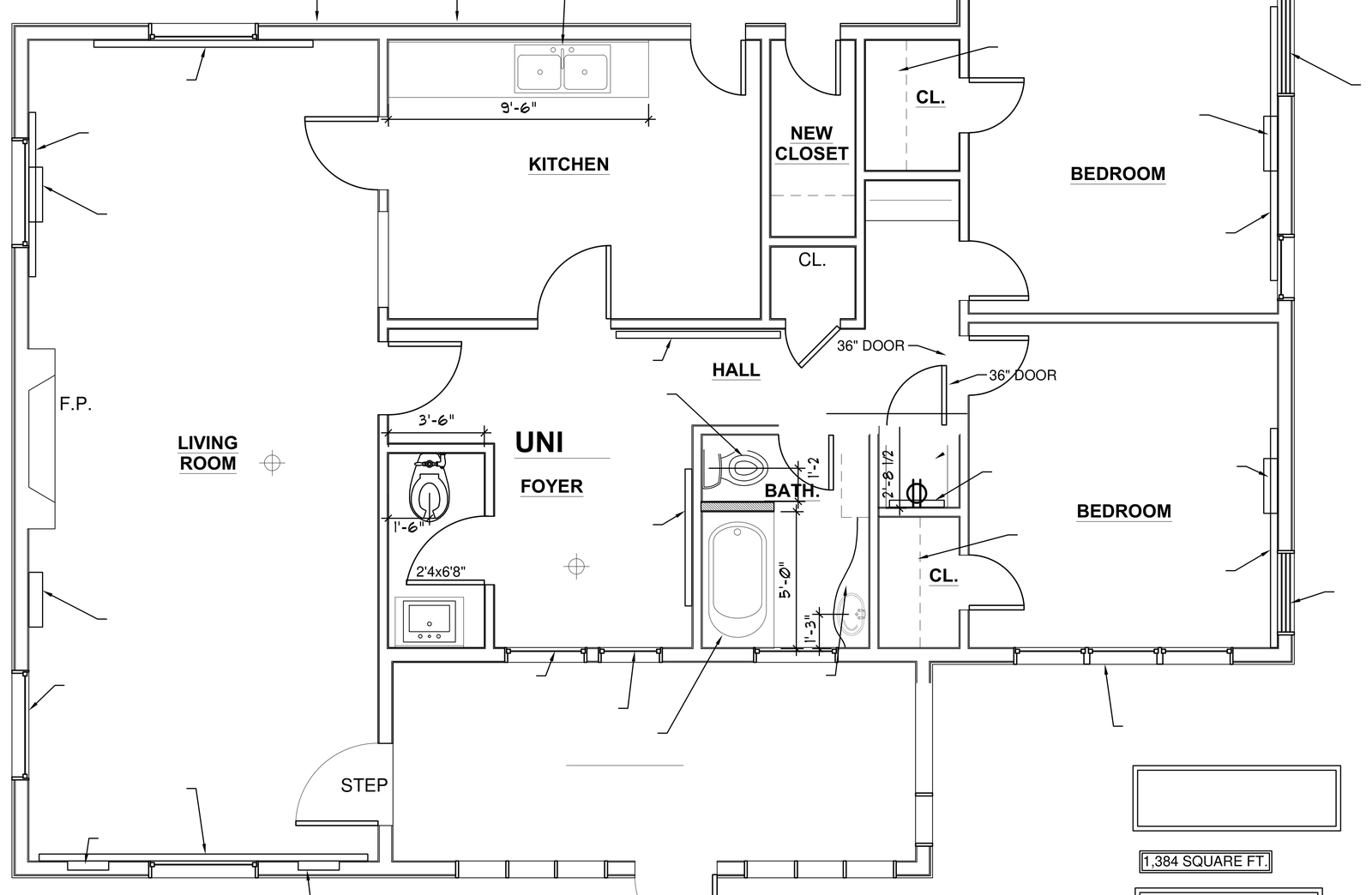 Architect's floor plan of Unit C: a large living room with fireplace, kitchen, two bedrooms, a bath off the hall, a foyer and a breezeway. Marked 1,384 square feet.