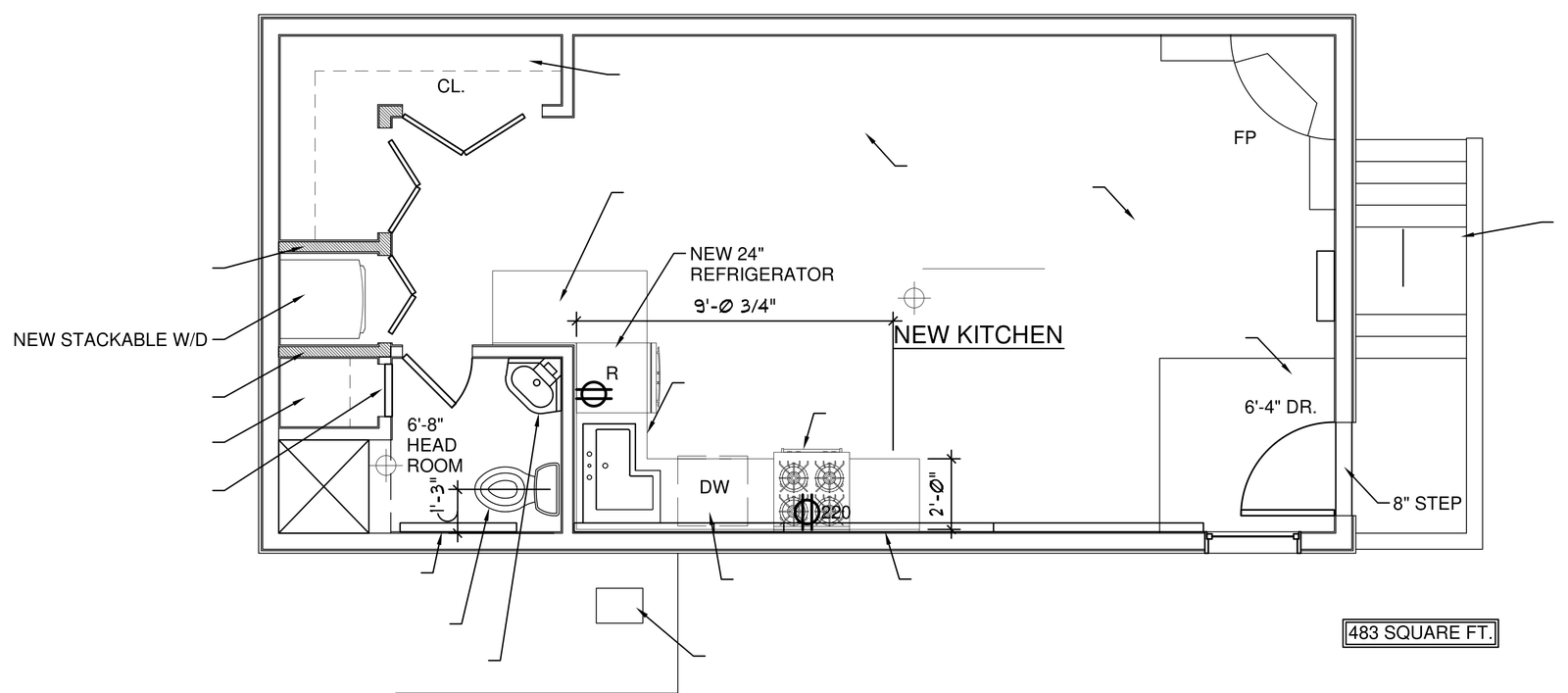 Architect's floor plan of Unit D: an open studio with kitchen along one wall, a bath, an L shaped closet and stacked washer dryer. Marked 483 square feet.
