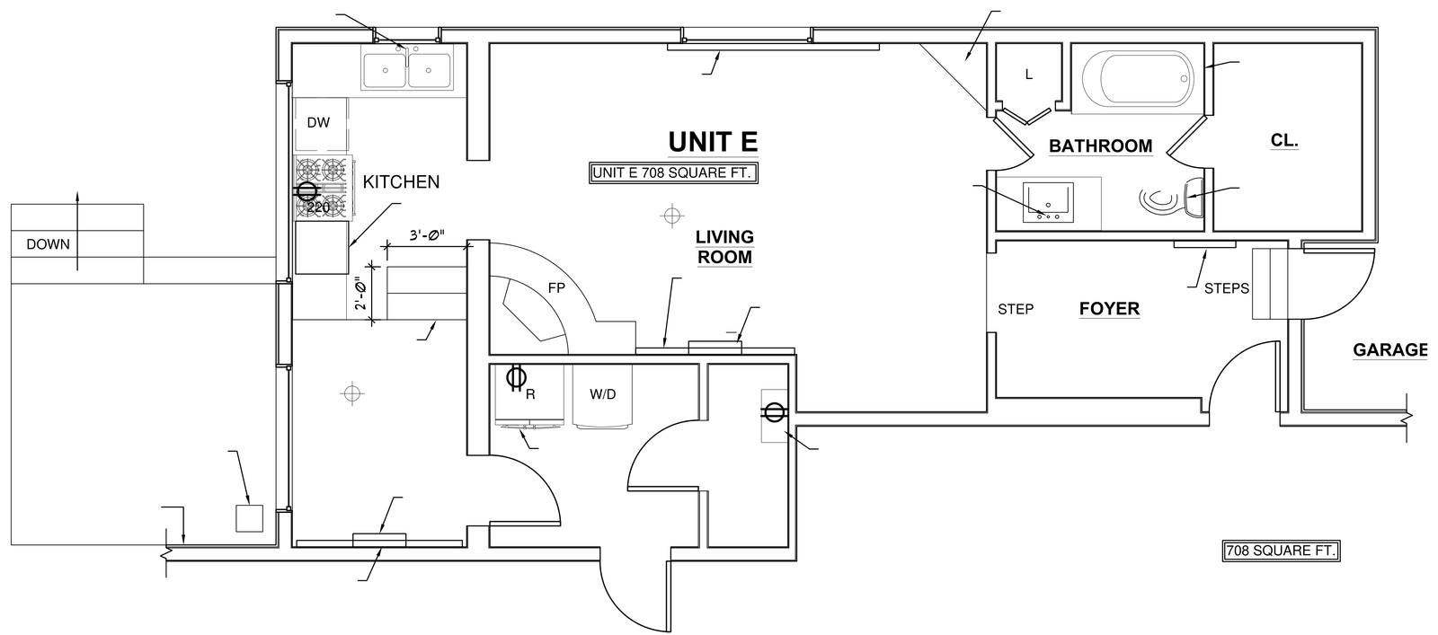 Architect's floor plan of the casita: a kitchen along the left wall, one open living room with the fireplace, a bathroom and closet to the right, a foyer, and the garage beyond. About 700 square feet.