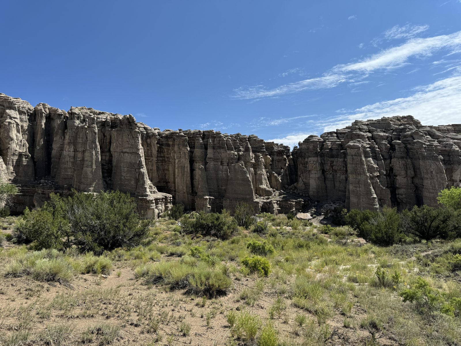 The long white cliff wall at Plaza Blanca over a green scrub meadow.