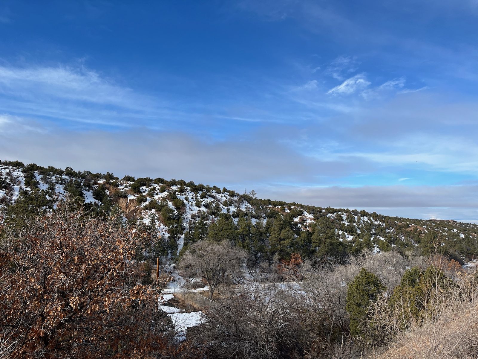 Snow on the pinon hillsides under a bright winter sky.
