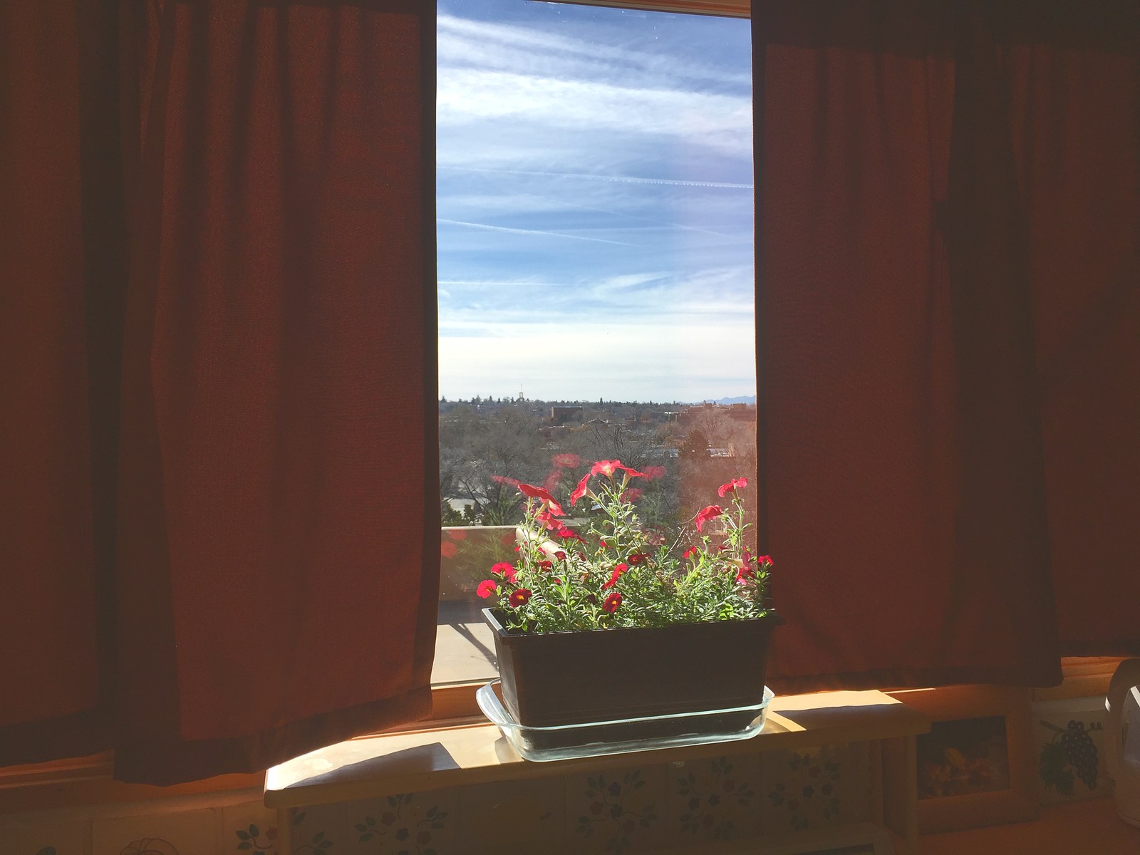 A casita window in 2018: heavy dark red curtains drawn back from a deep sill, a tray of red petunias, and the town and hills beyond the glass.