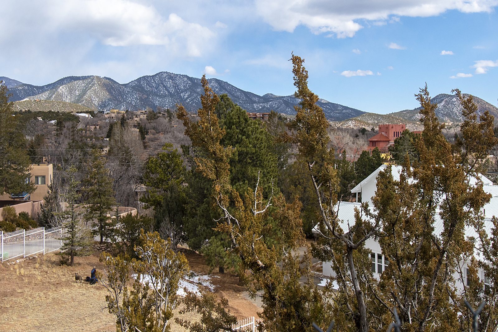 The view from Unit C across rooftops and treetops to the Sangre de Cristo range.